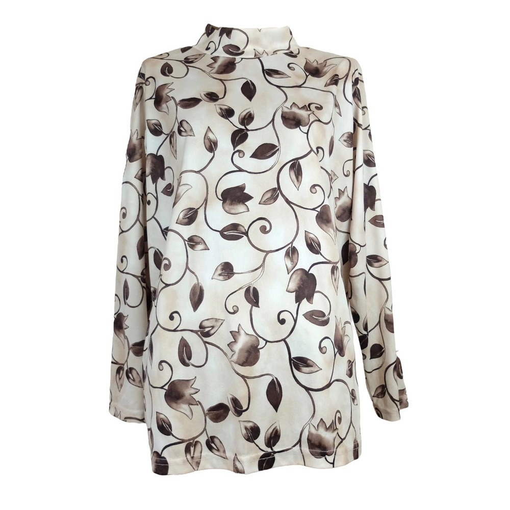 Vintage 90s Abstract Floral Beige & Brown Long Sleeve Mockneck Pullover Blouse